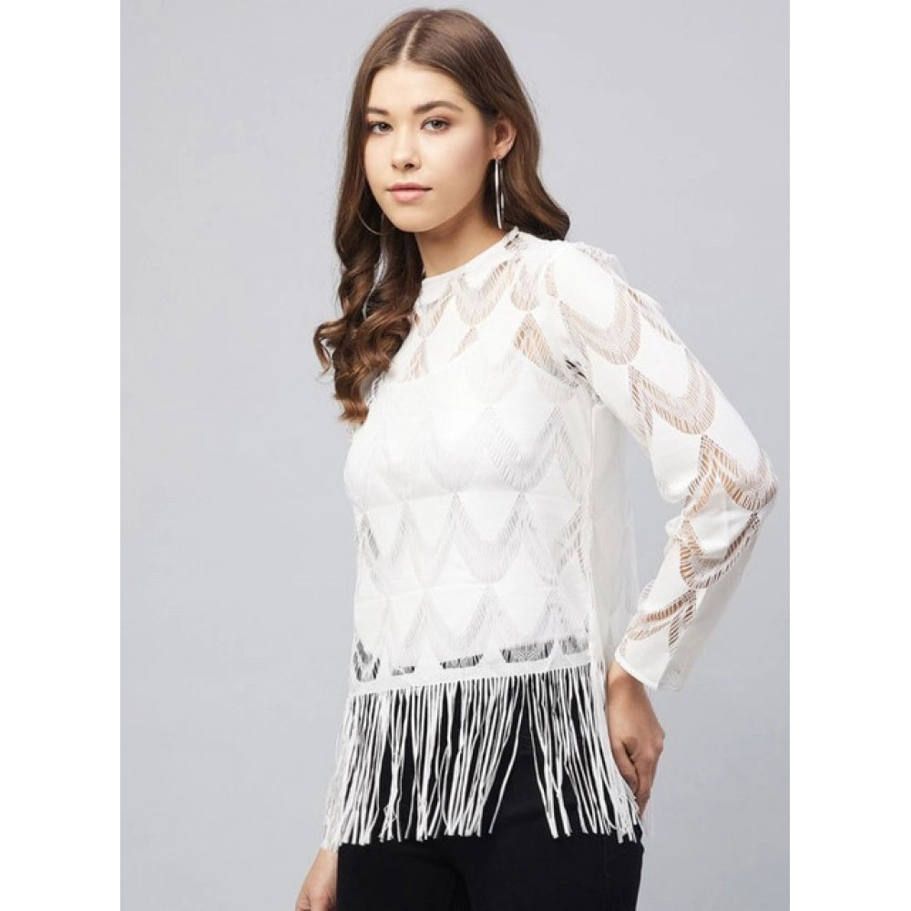 Women's Lace Self Design Short Sleeve Top - White