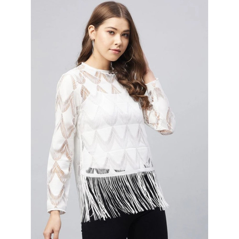 Women's Lace Self Design Short Sleeve Top - White