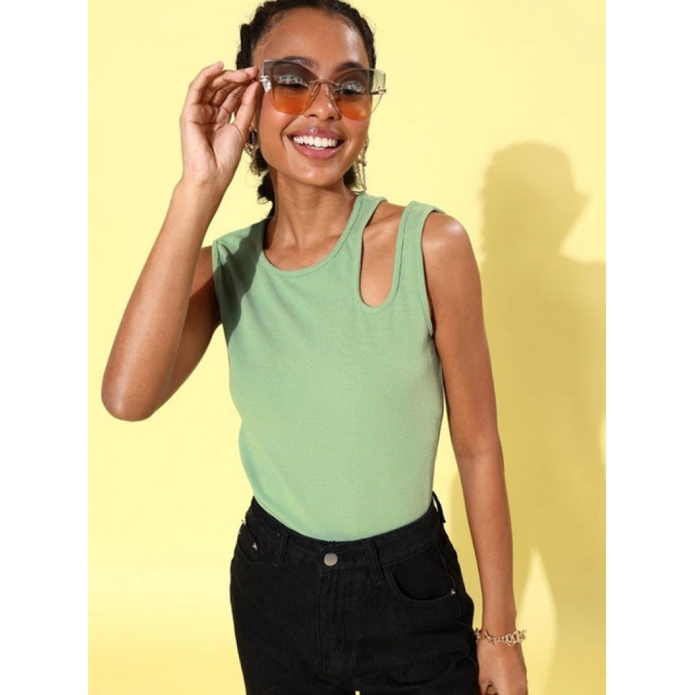 Women's Polyester Lycra Solid Sleeveless Top - Green
