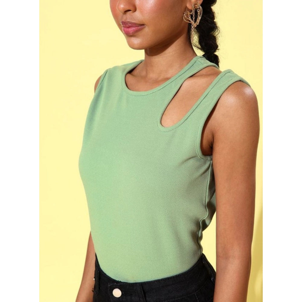 Women's Polyester Lycra Solid Sleeveless Top - Green