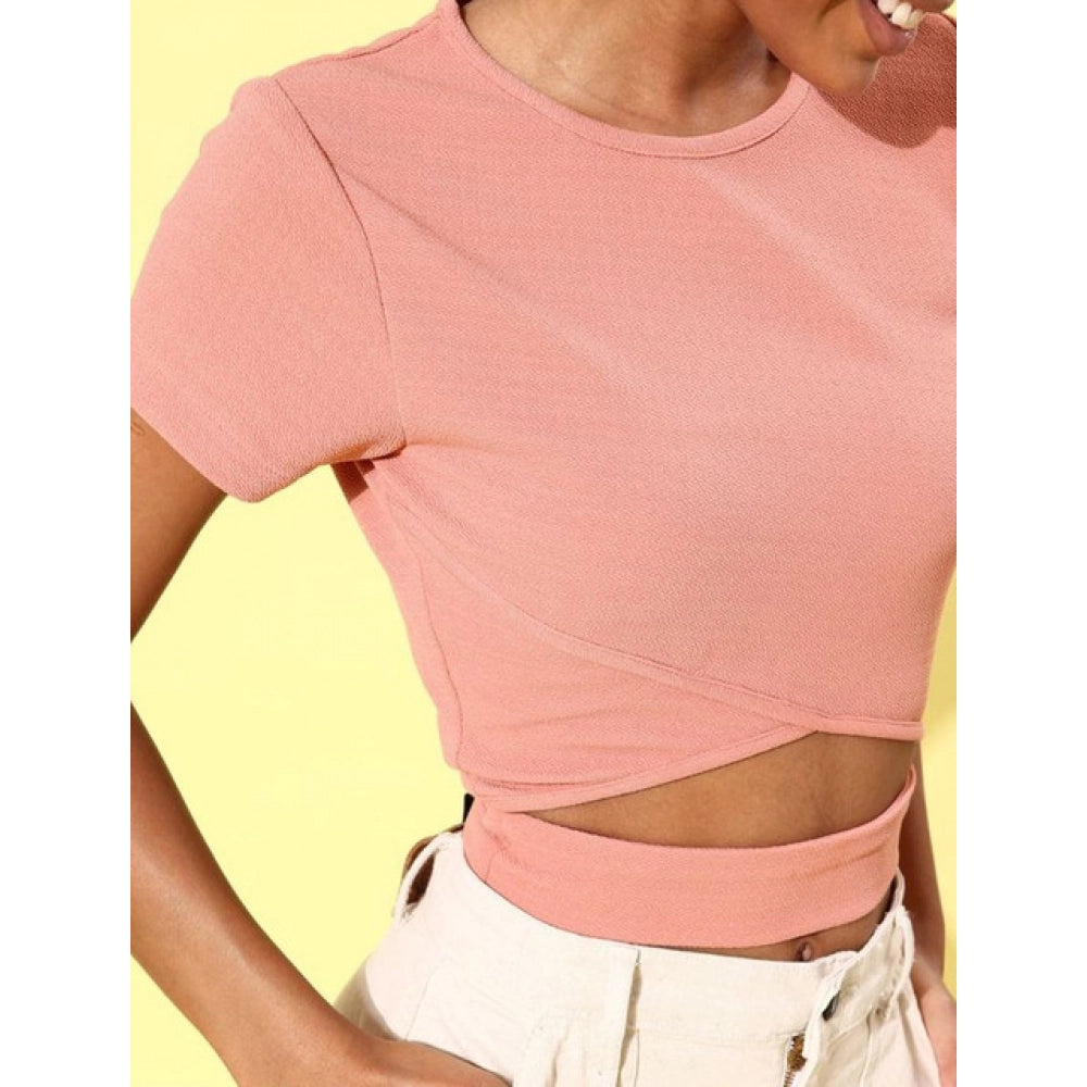 Women's Polyester Lycra Solid Short Sleeve Top - Pink