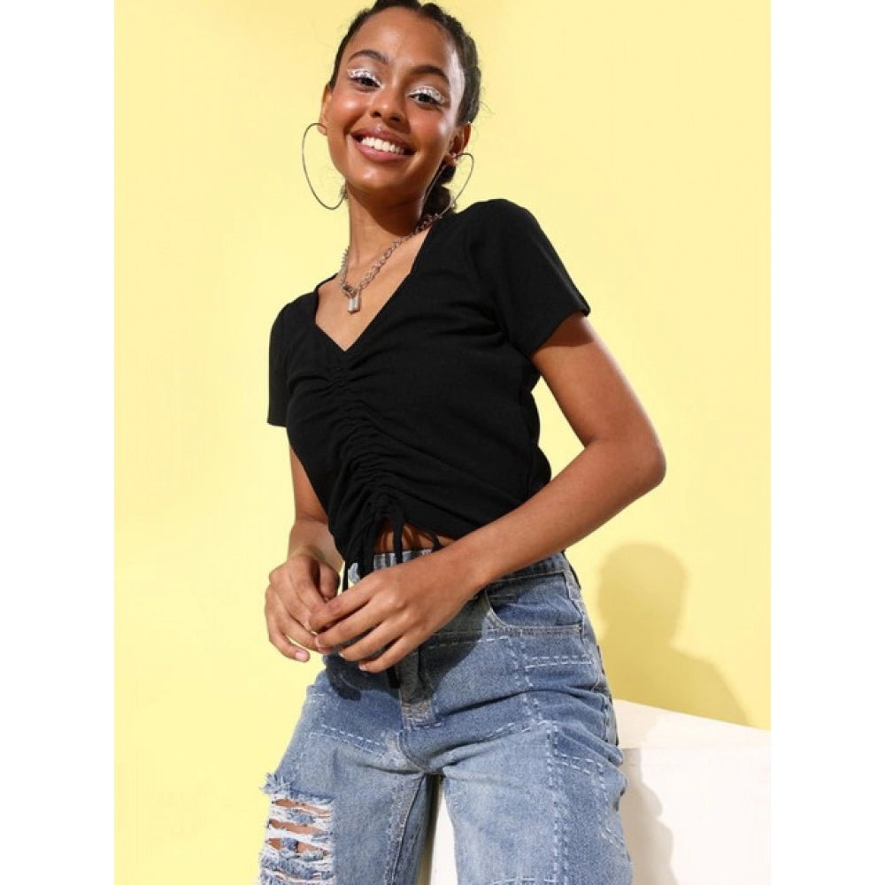 Women's Polyester Lycra Solid Short Sleeve Top - Black