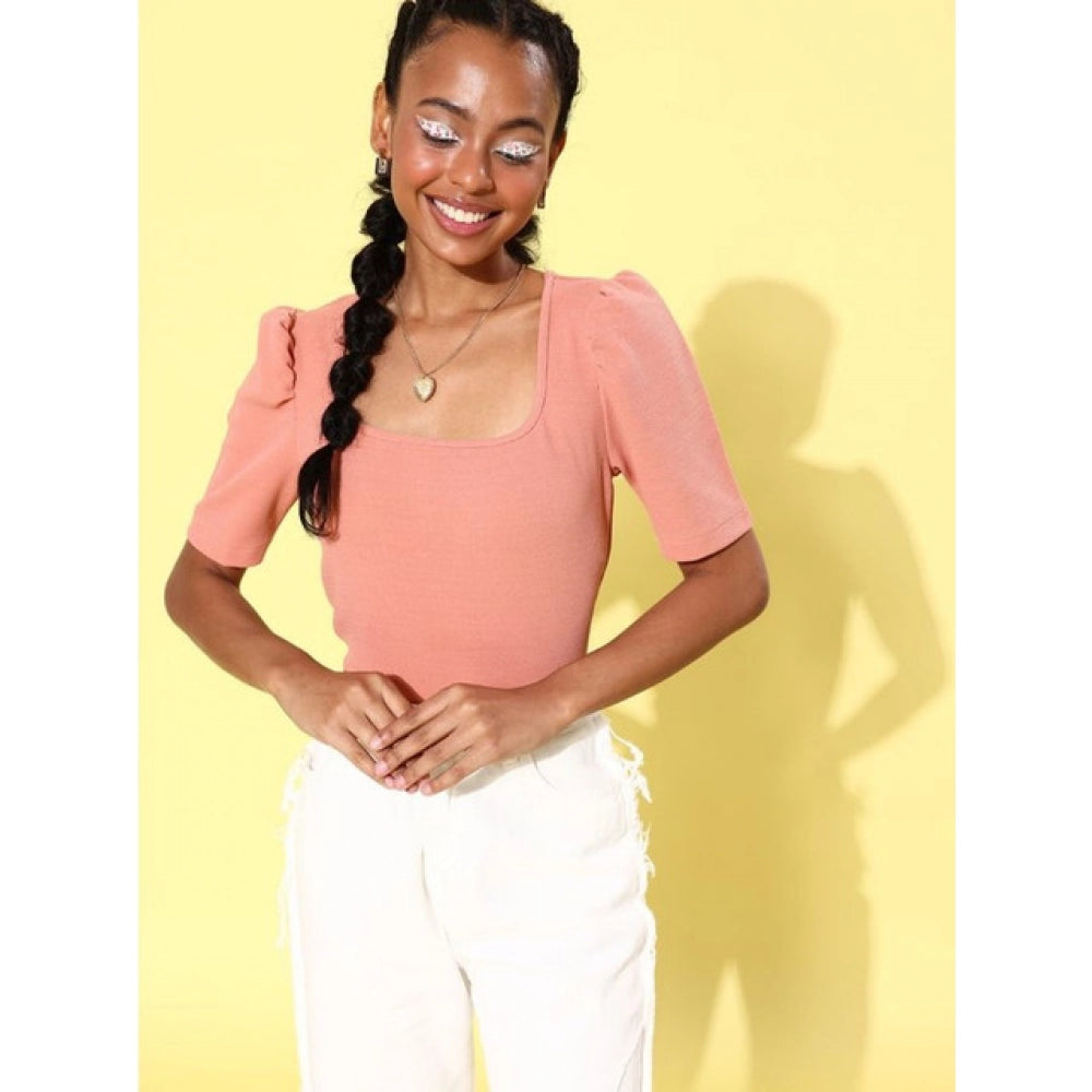 Women's Polyester Lycra Solid Short Sleeve Top - Pink