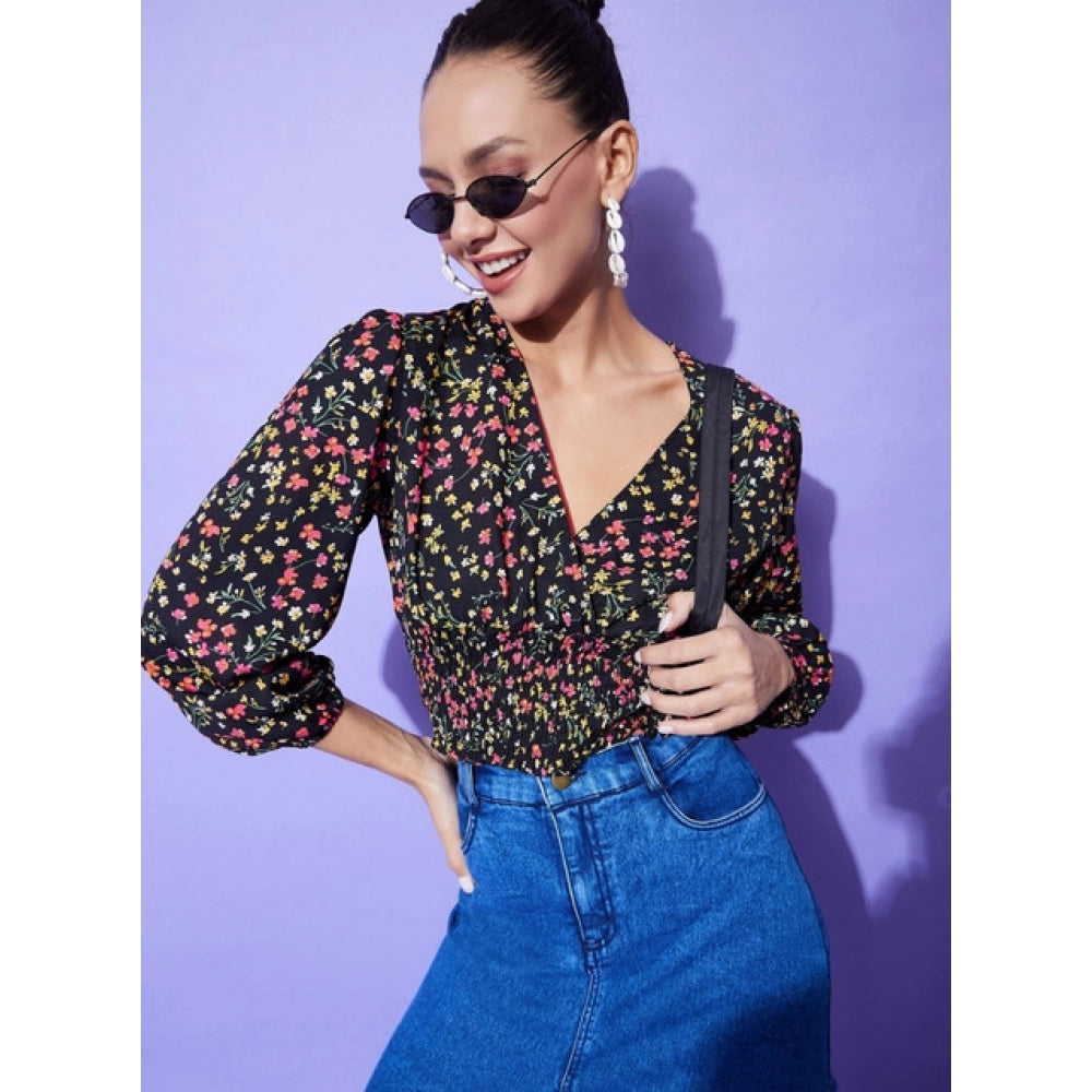 Women's Polyester Floral Long Sleeve Top - Multicolor