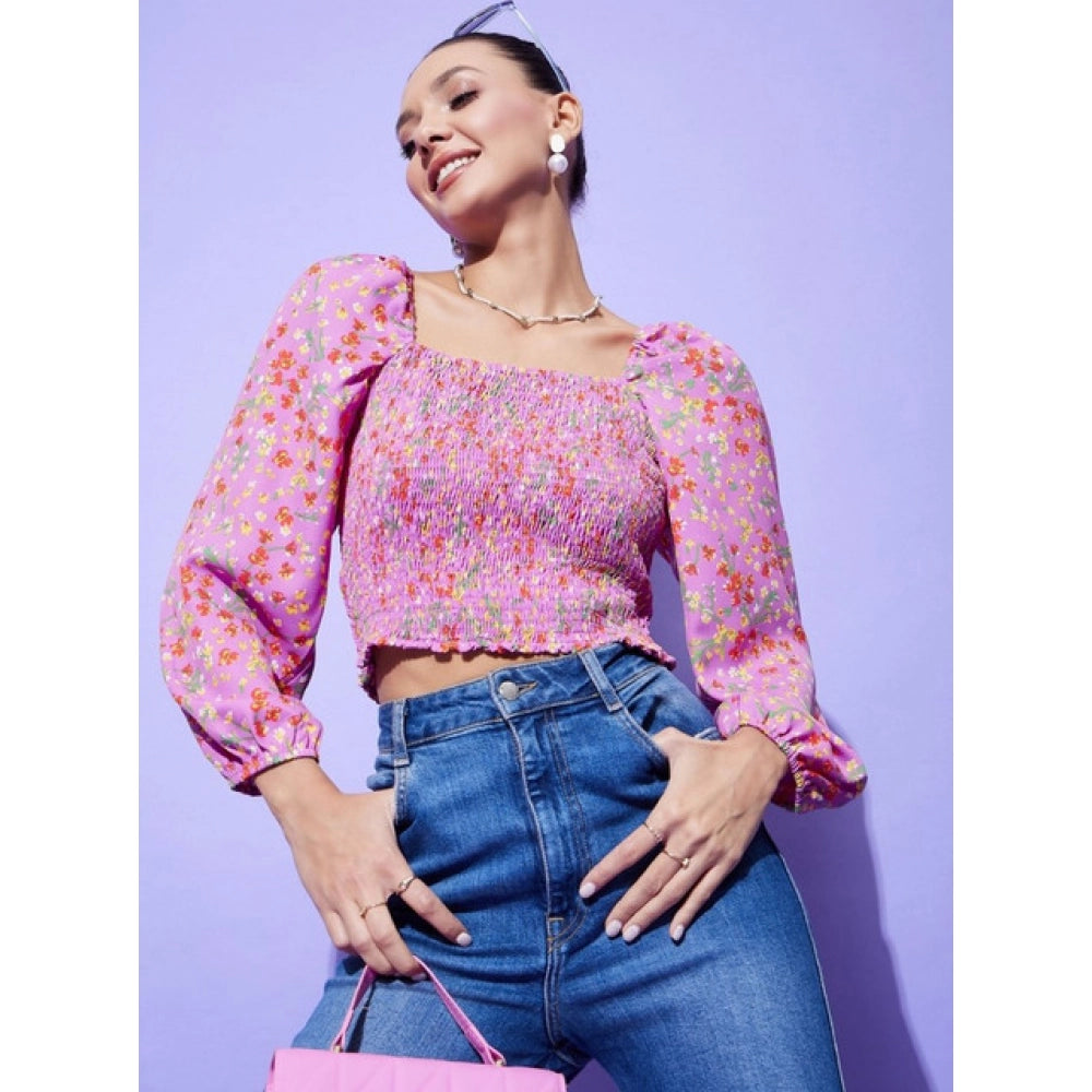Women's Polyester Floral Long Sleeve Top - Multicolor