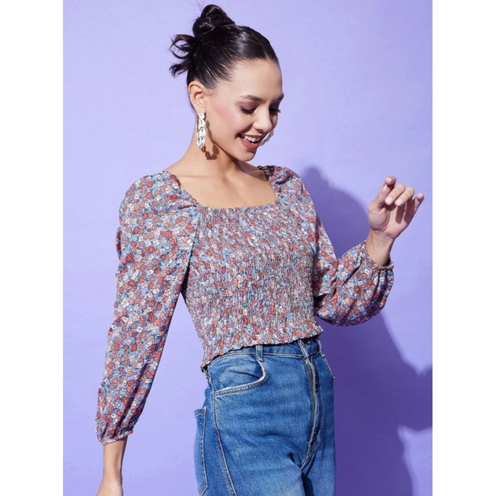 Women's Polyester Floral Long Sleeve Top - Multicolor