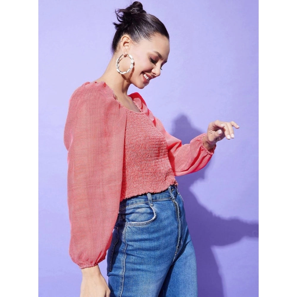 Women's Polyester Floral Long Sleeve Top - Red