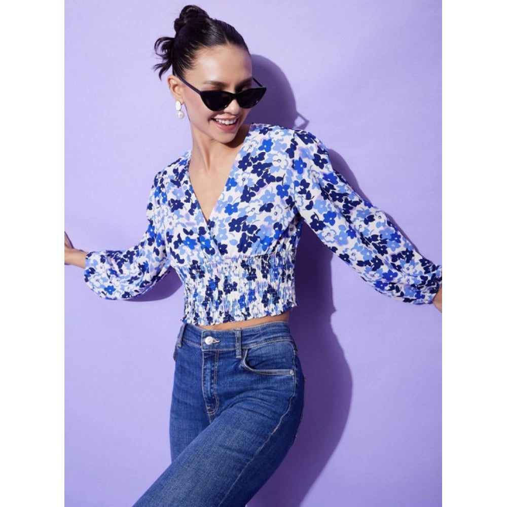 Women's Polyester Floral Long Sleeve Top - Blue
