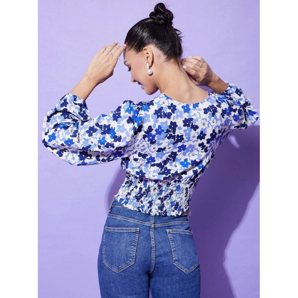 Women's Polyester Floral Long Sleeve Top - Blue