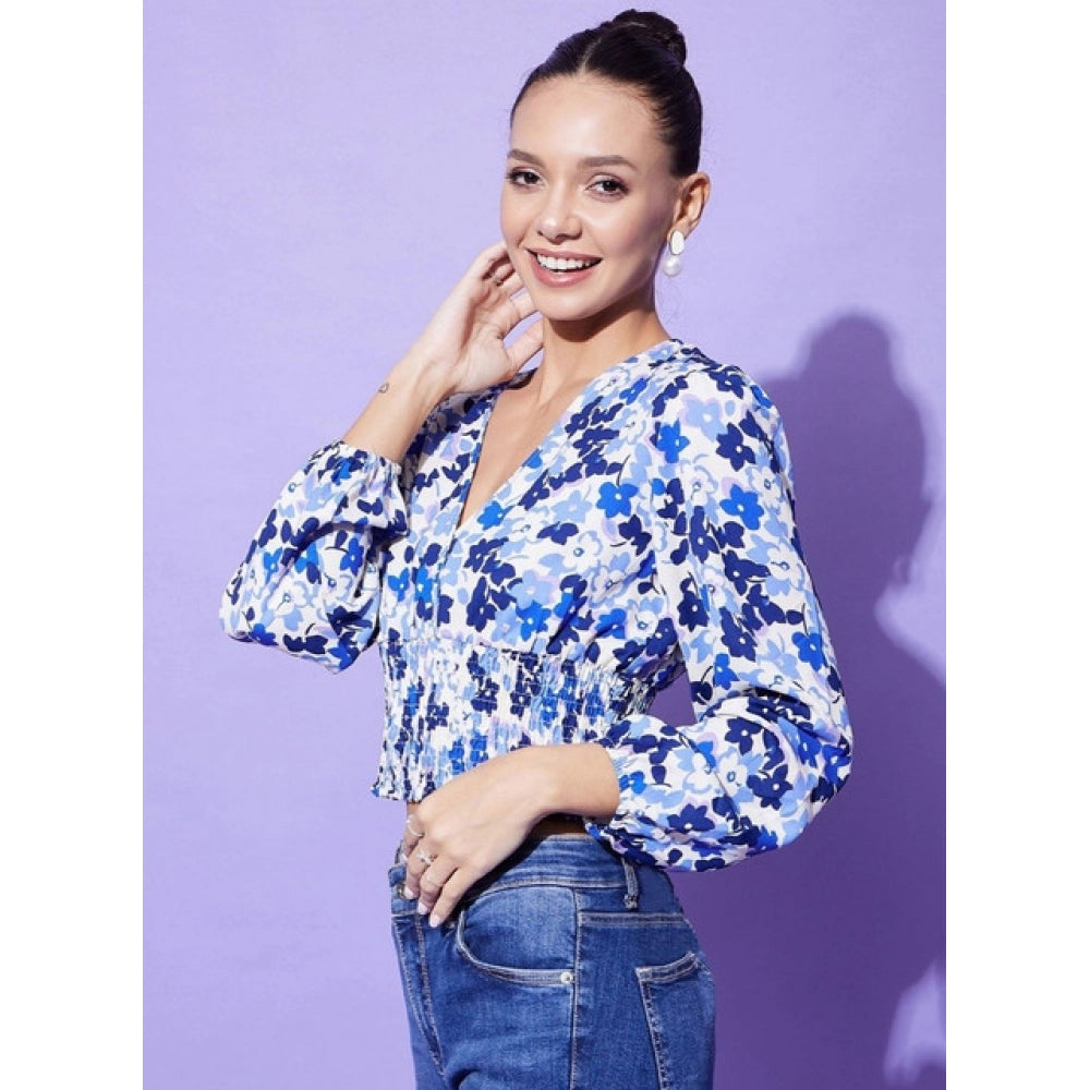 Women's Polyester Floral Long Sleeve Top - Blue