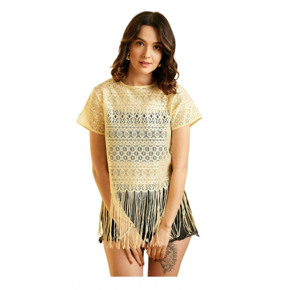Women's Polyester Lace Self Design Short Sleeve Top - Yellow