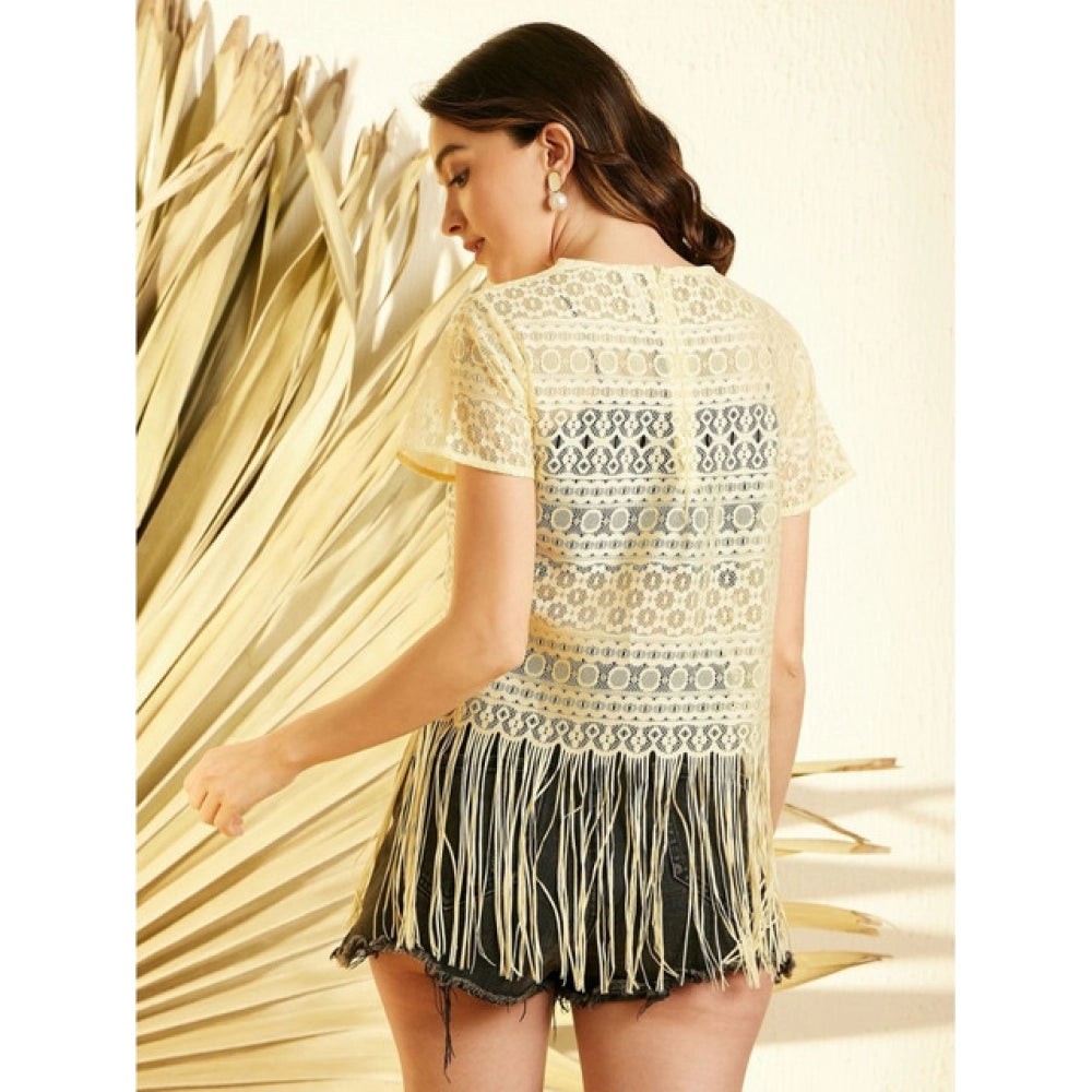 Women's Polyester Lace Self Design Short Sleeve Top - Yellow