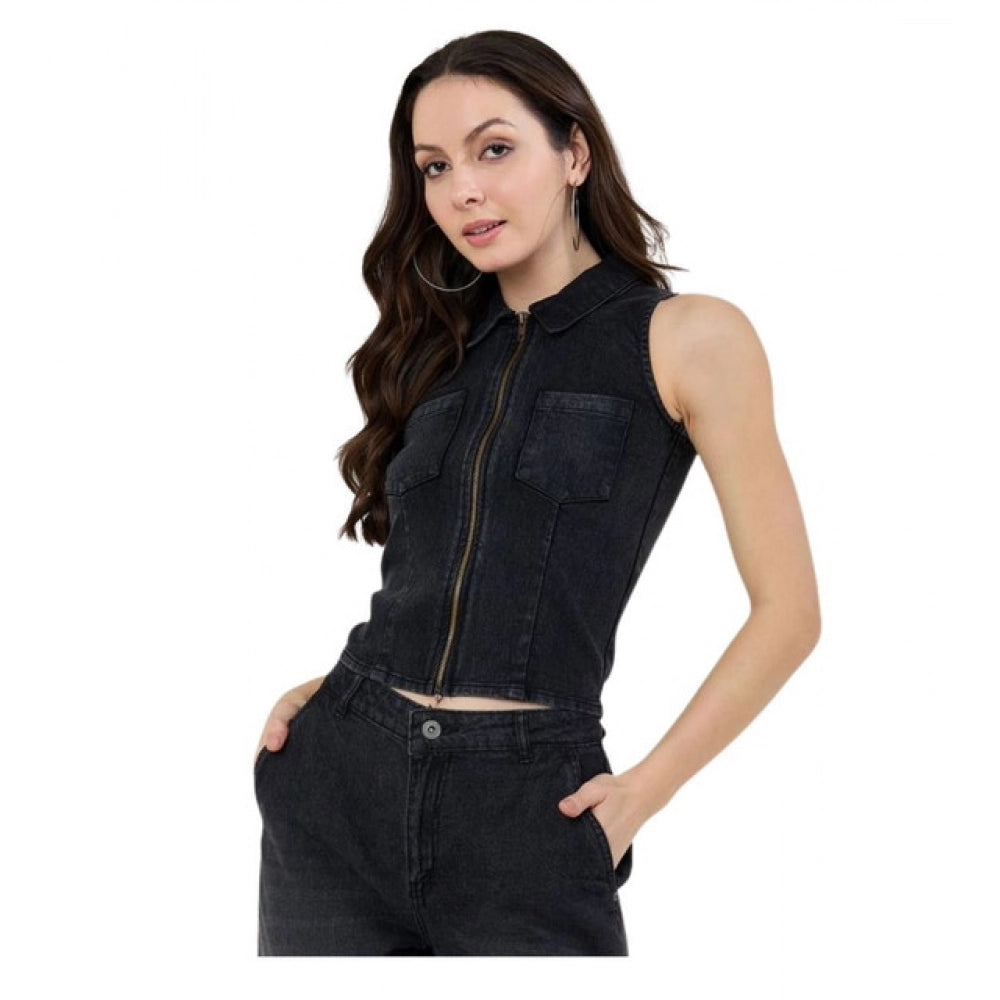 Women's Denim Lycra Solid Sleeveless Top - Black