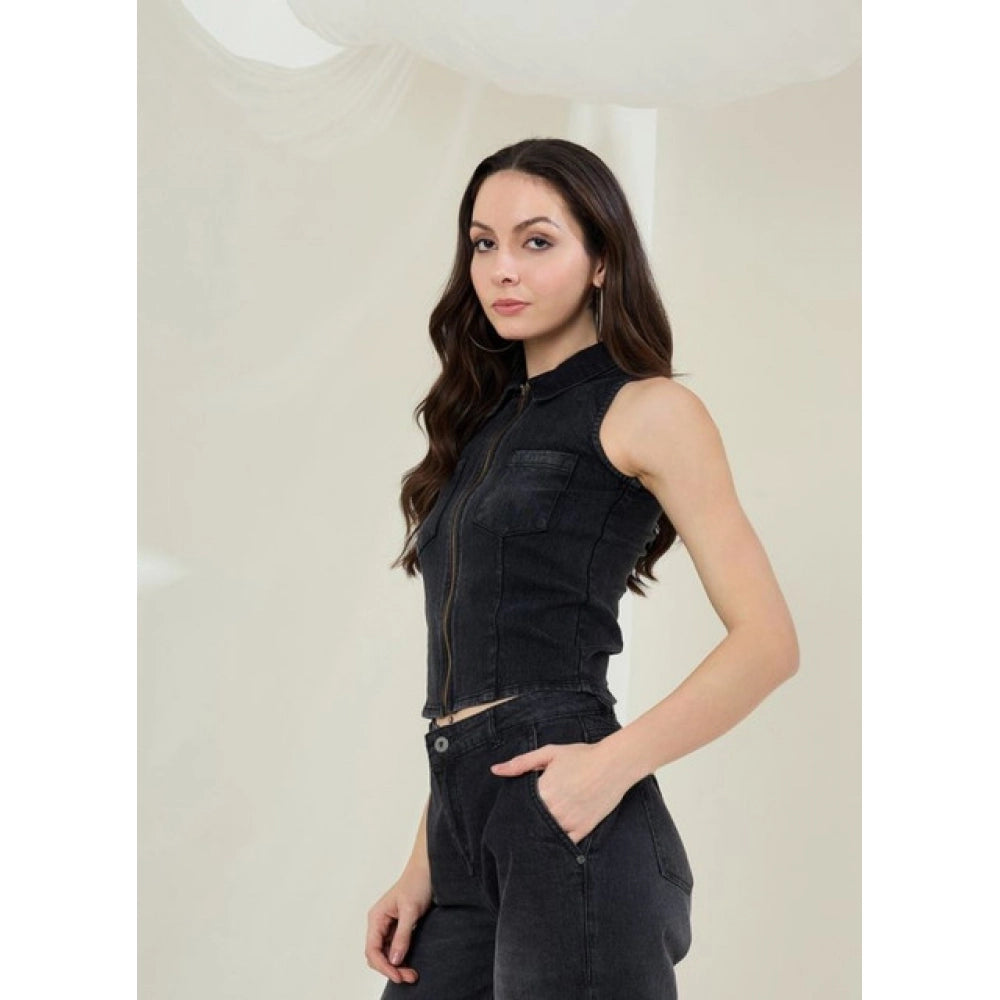 Women's Denim Lycra Solid Sleeveless Top - Black