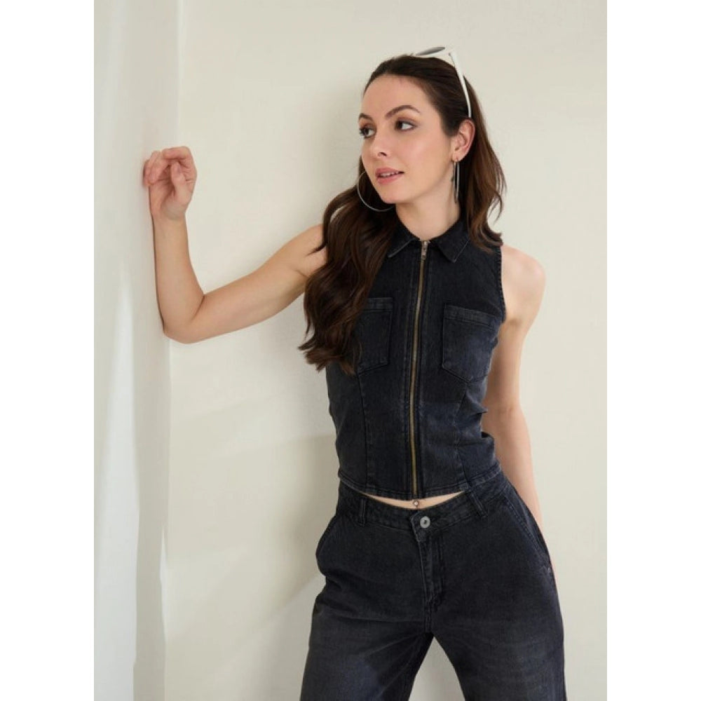 Women's Denim Lycra Solid Sleeveless Top - Black