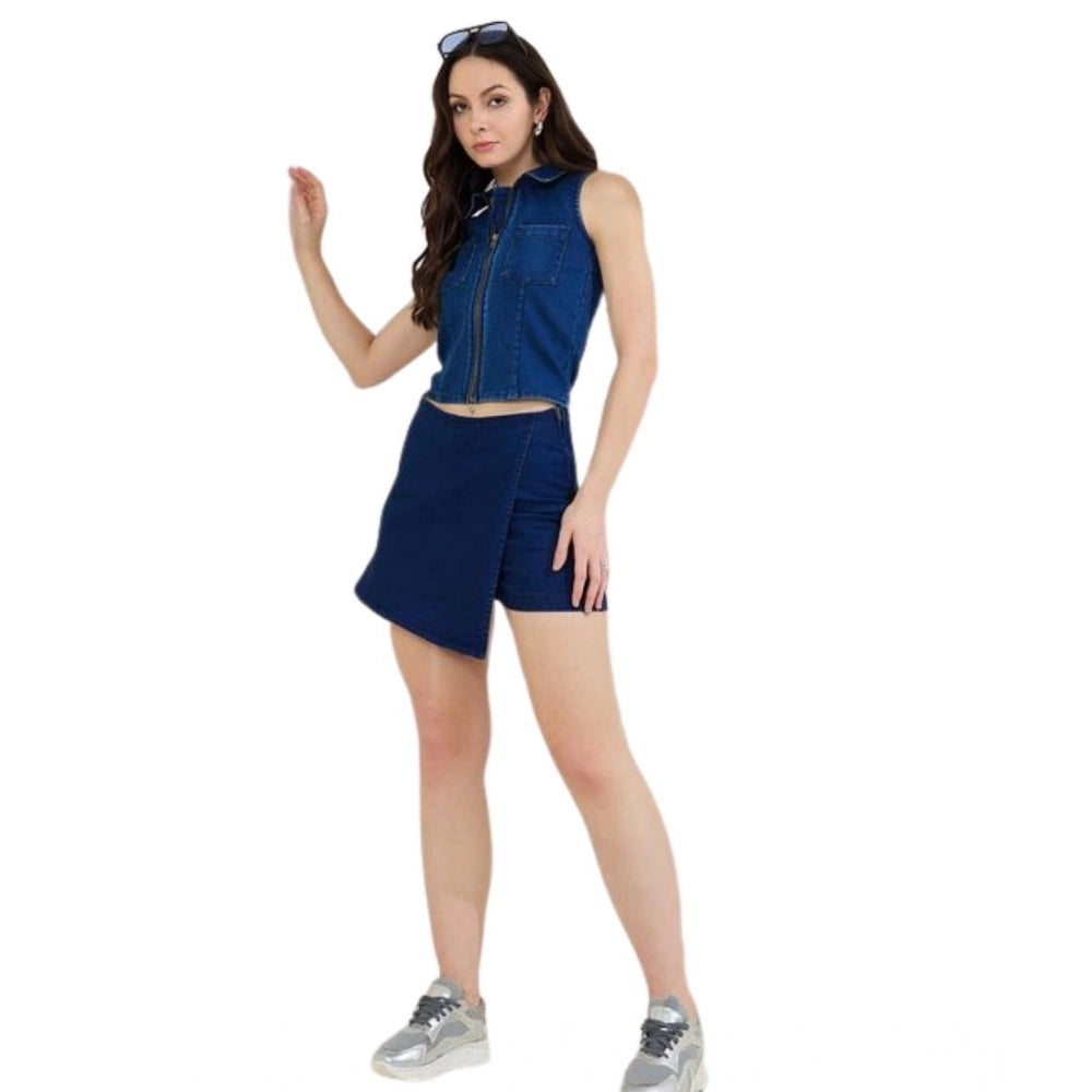 Women's Denim Lycra Solid Sleeveless Top - Blue