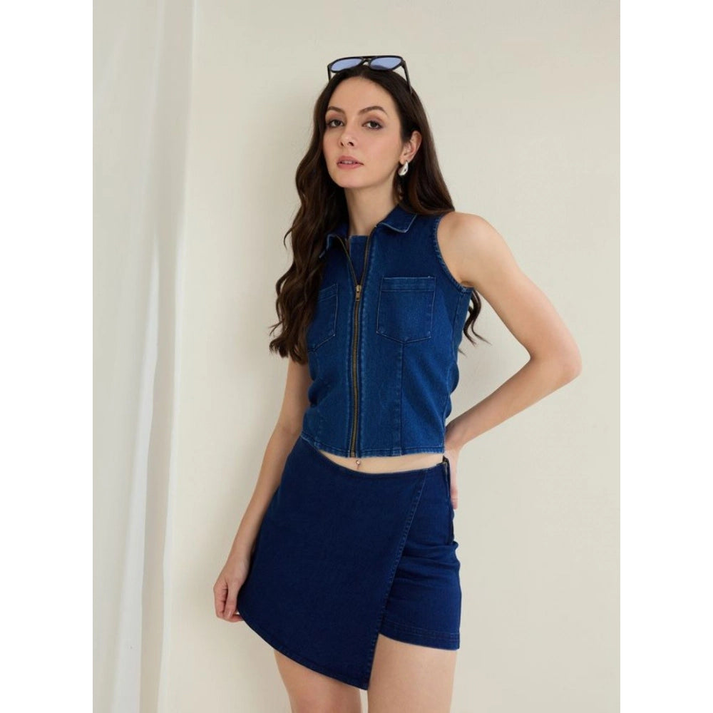 Women's Denim Lycra Solid Sleeveless Top - Blue