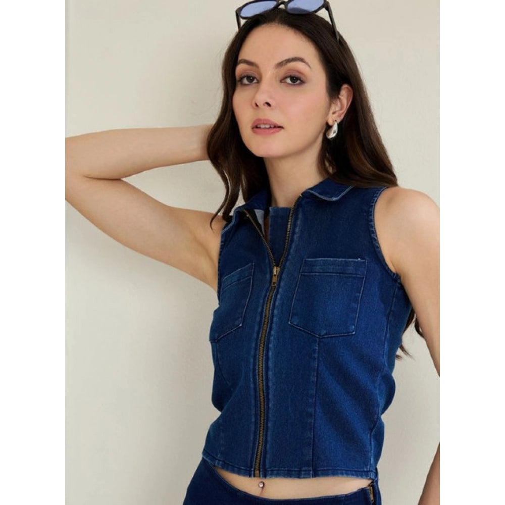 Women's Denim Lycra Solid Sleeveless Top - Blue