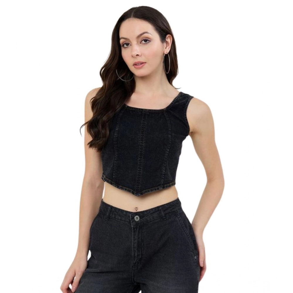 Women's Denim Lycra Solid Sleeveless Top - Black