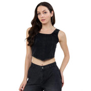 Women's Denim Lycra Solid Sleeveless Top - Black