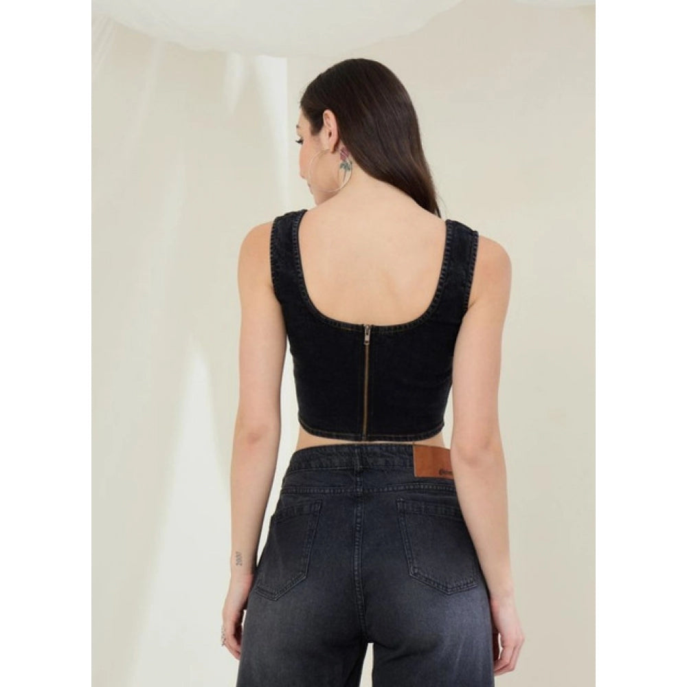 Women's Denim Lycra Solid Sleeveless Top - Black