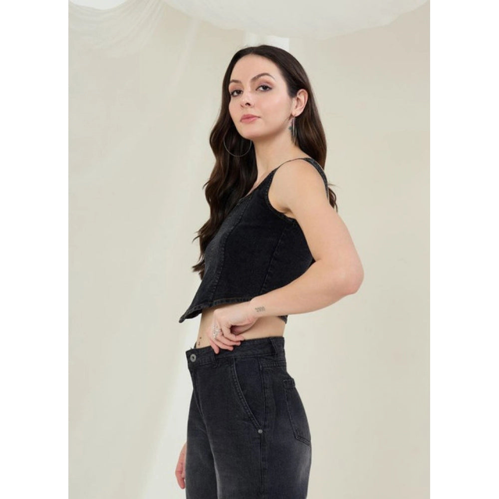 Women's Denim Lycra Solid Sleeveless Top - Black