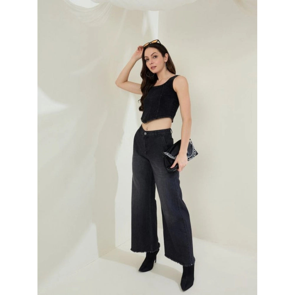 Women's Denim Lycra Solid Sleeveless Top - Black