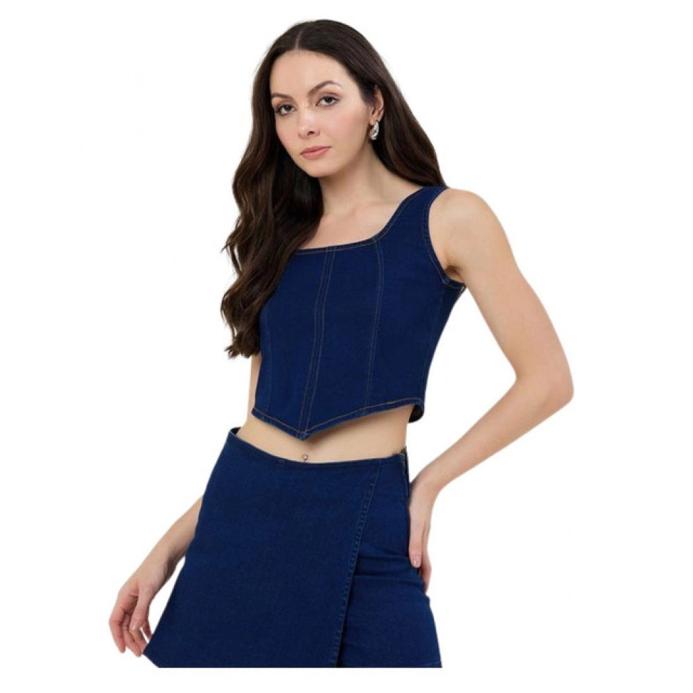 Women's Denim Lycra Solid Sleeveless Top - Blue