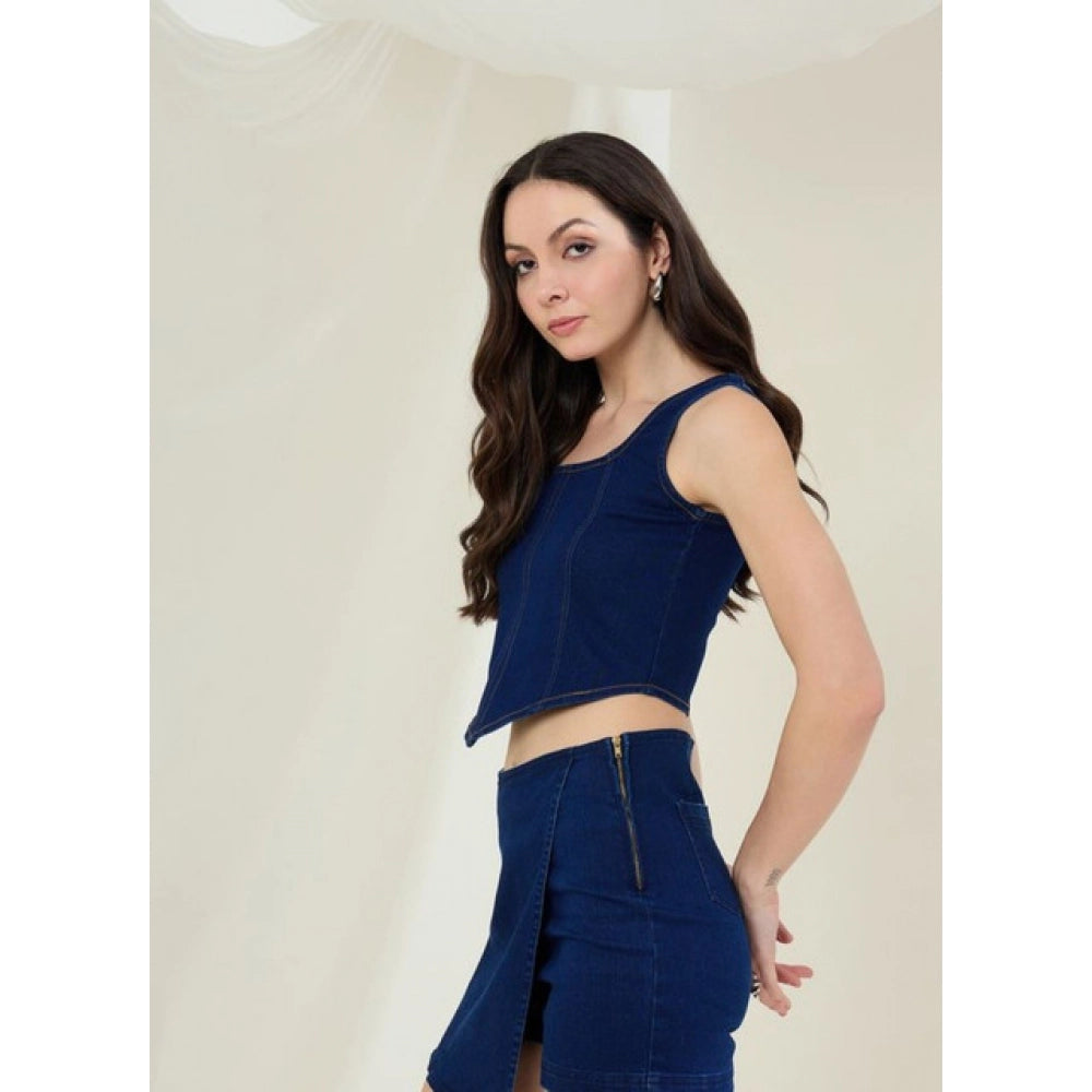 Women's Denim Lycra Solid Sleeveless Top - Blue