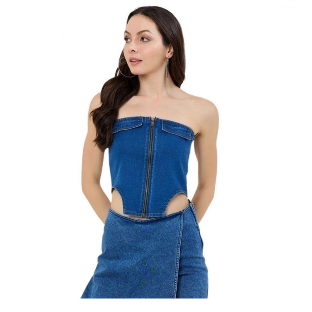 Women's Denim Lycra Solid Sleeveless Top - Blue