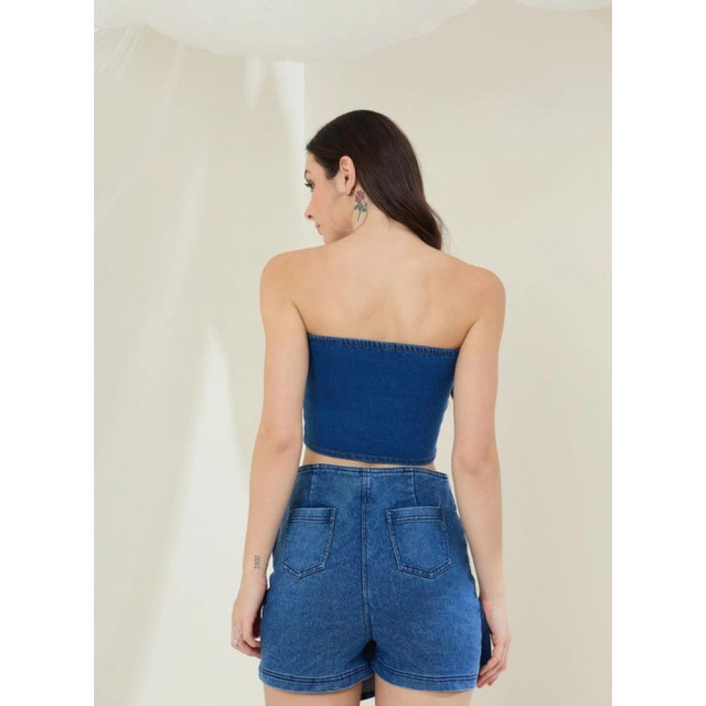 Women's Denim Lycra Solid Sleeveless Top - Blue