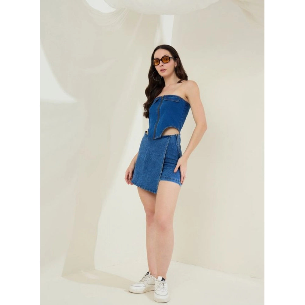 Women's Denim Lycra Solid Sleeveless Top - Blue