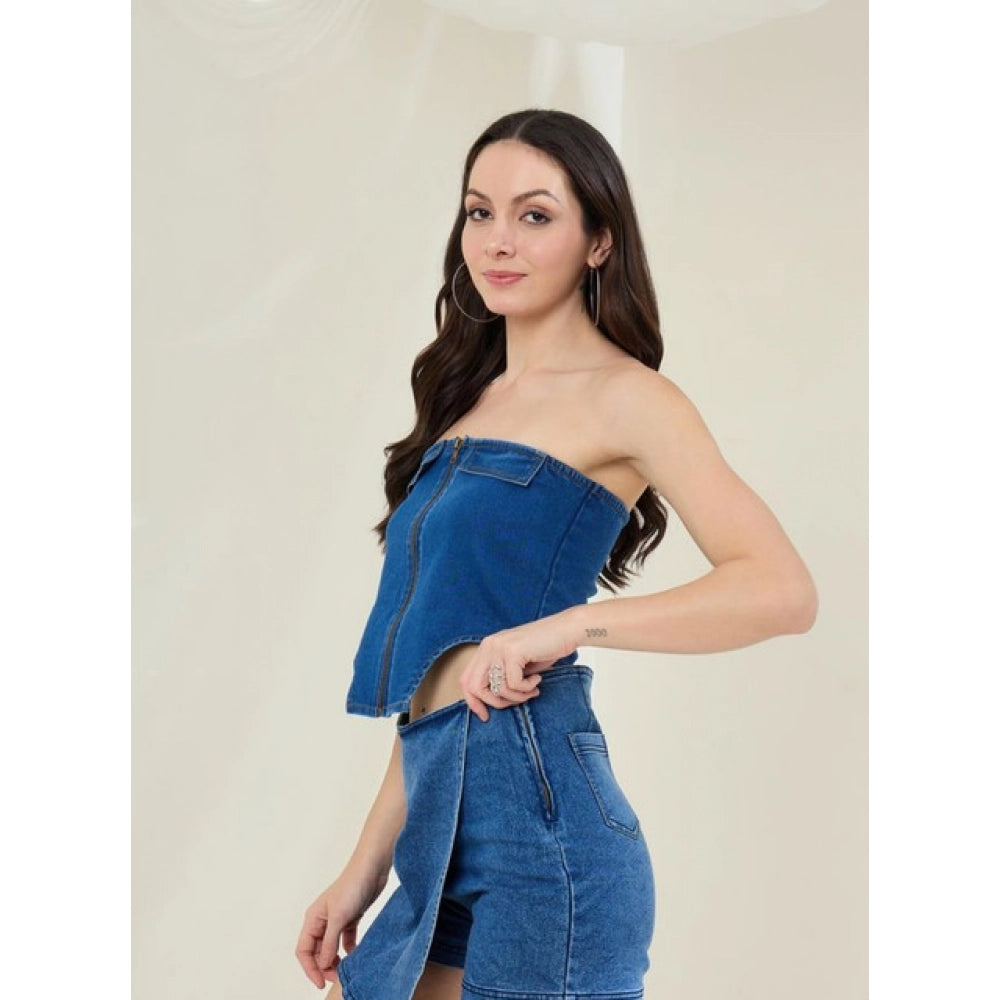 Women's Denim Lycra Solid Sleeveless Top - Blue