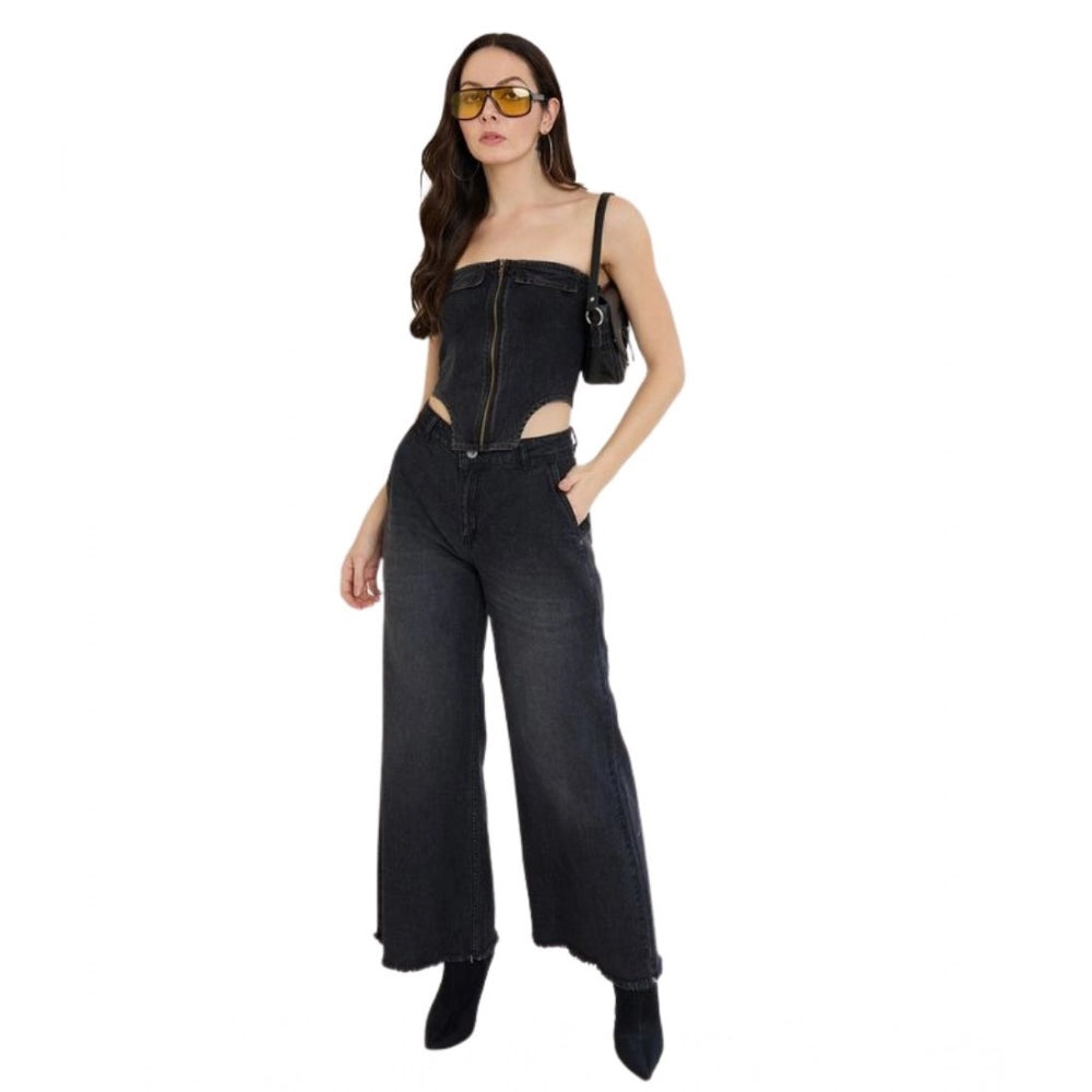 Women's Denim Lycra Solid Sleeveless Top - Black
