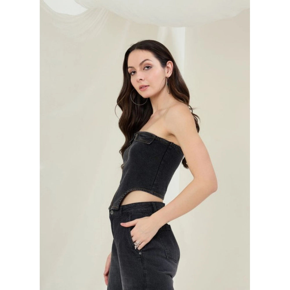 Women's Denim Lycra Solid Sleeveless Top - Black