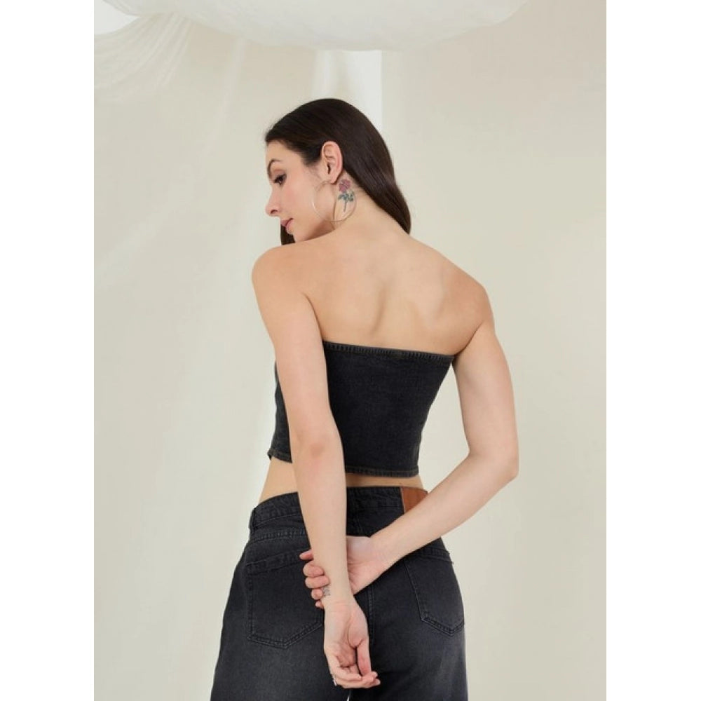 Women's Denim Lycra Solid Sleeveless Top - Black