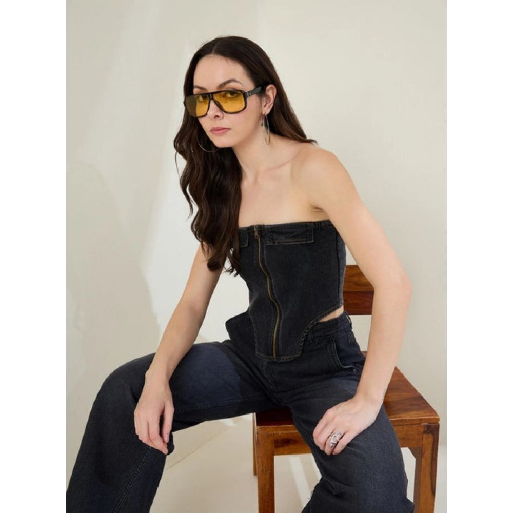 Women's Denim Lycra Solid Sleeveless Top - Black