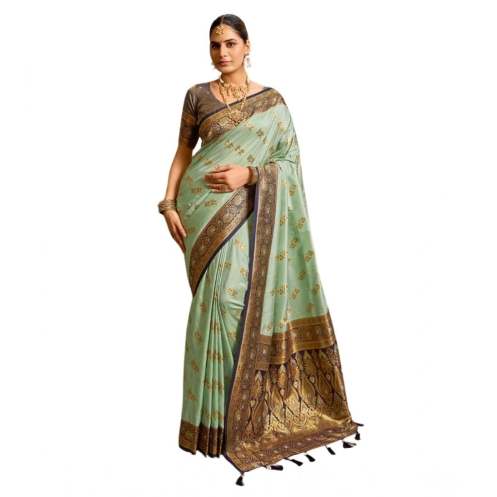 Women's Silk Blend Booti Work Ready to wear Saree With Unstitched Blouse 5.5 Mtr (SeaGreen)