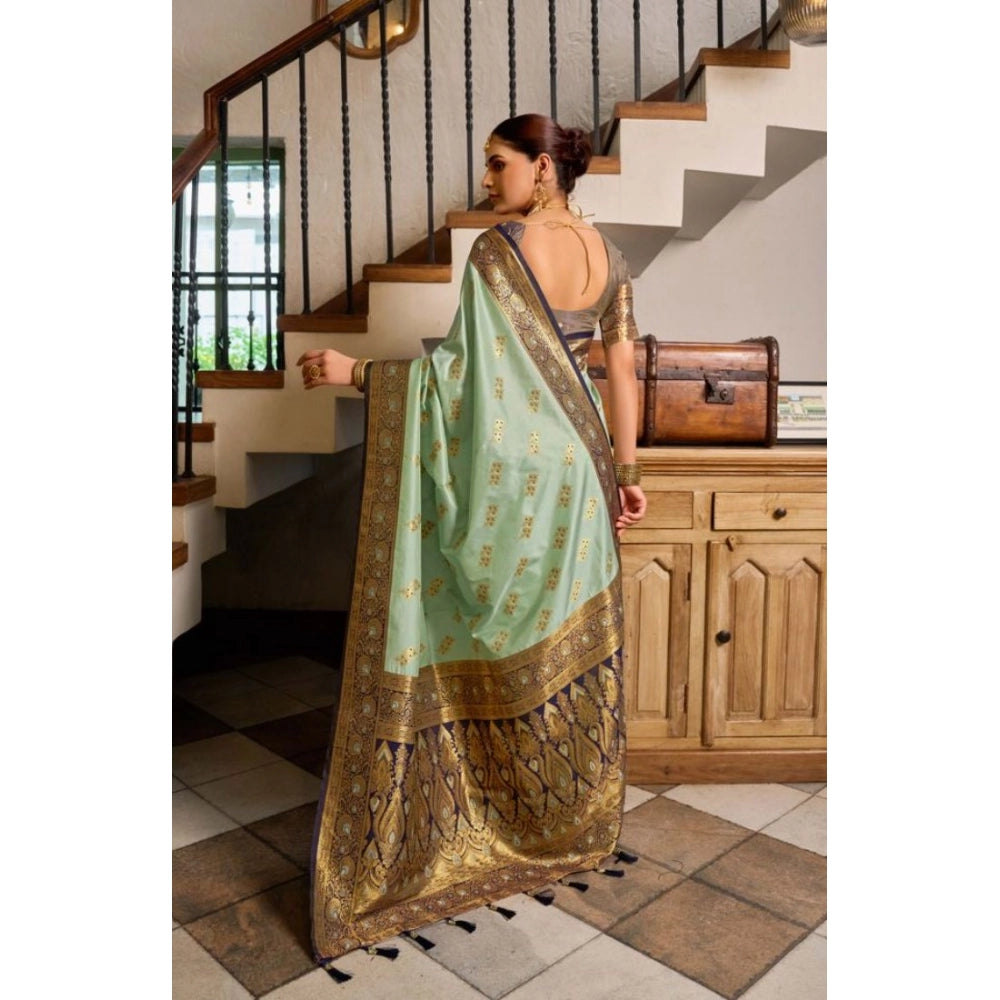 Women's Silk Blend Booti Work Ready to wear Saree With Unstitched Blouse 5.5 Mtr (SeaGreen)