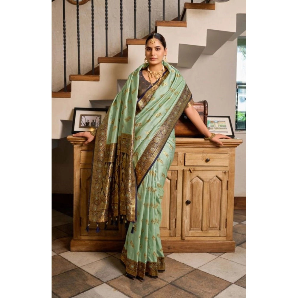 Women's Silk Blend Booti Work Ready to wear Saree With Unstitched Blouse 5.5 Mtr (SeaGreen)