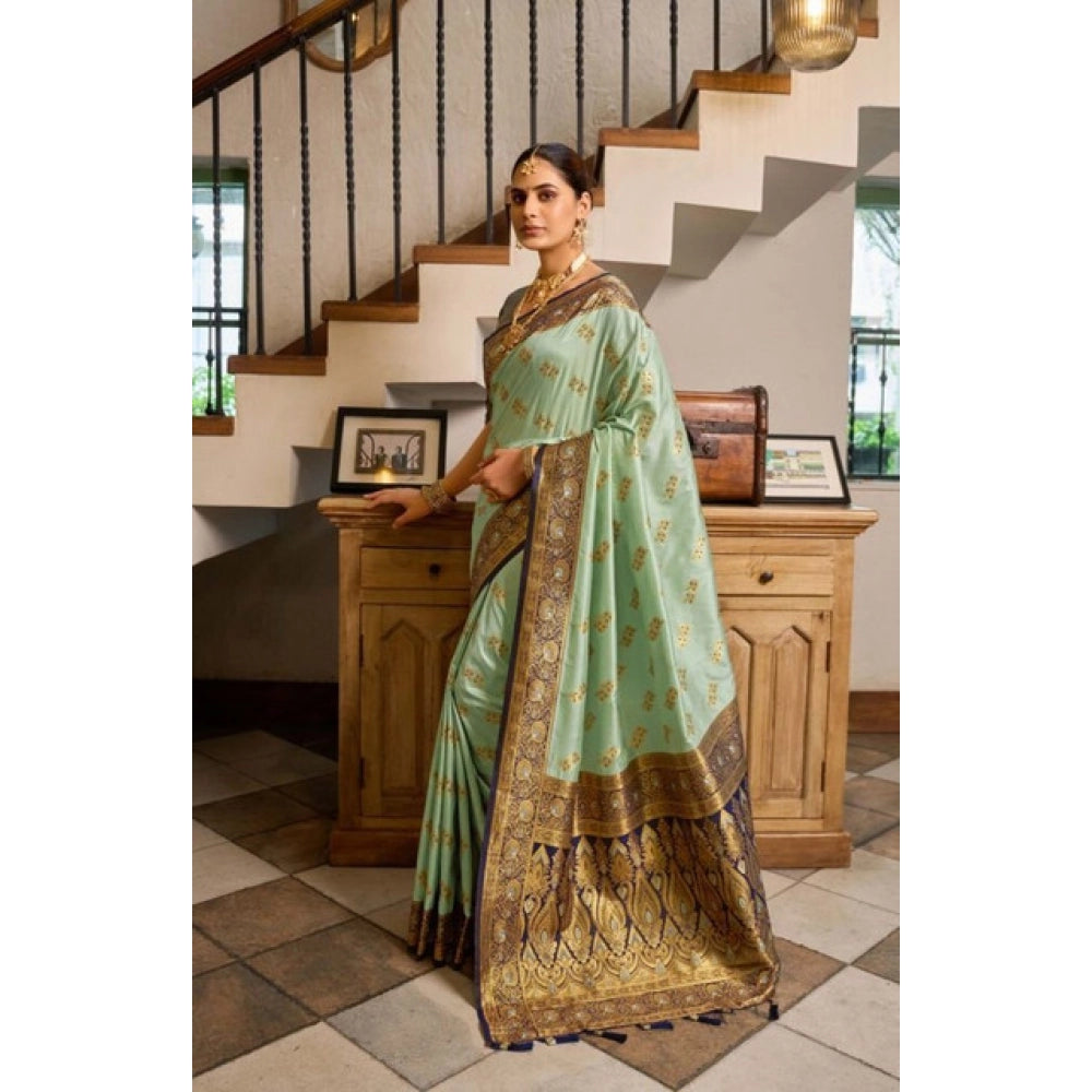 Women's Silk Blend Booti Work Ready to wear Saree With Unstitched Blouse 5.5 Mtr (SeaGreen)