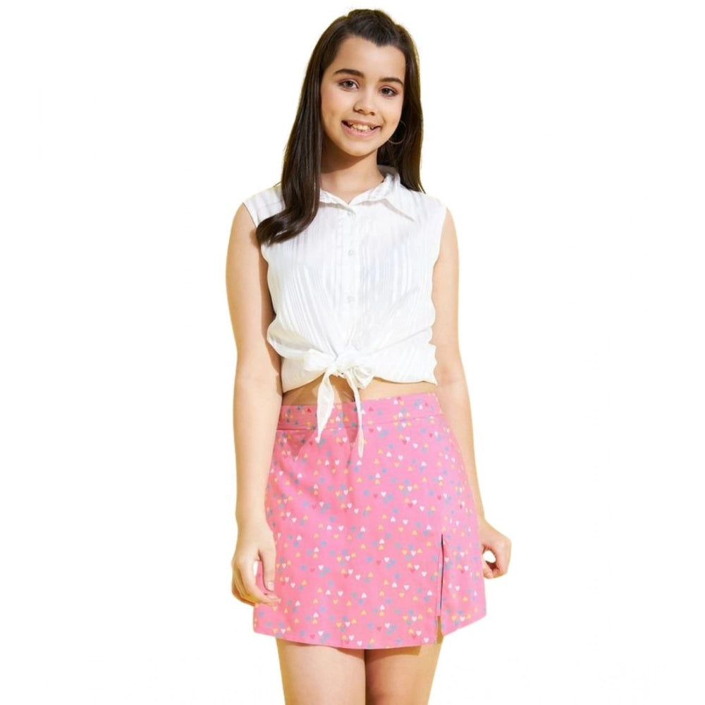 Girl's Polyester Lurex Printed Sleeveless Skorts Set - White-Pink