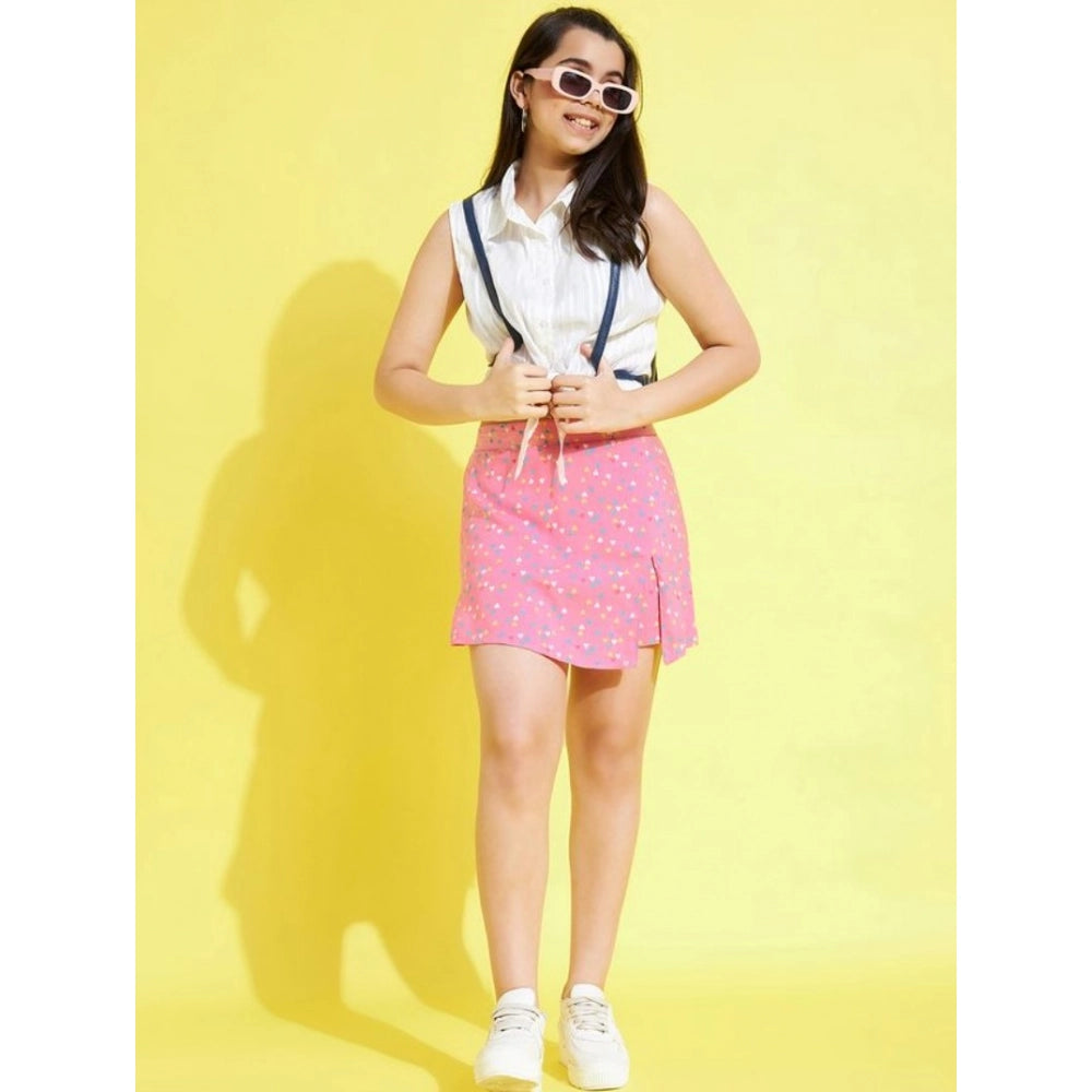 Girl's Polyester Lurex Printed Sleeveless Skorts Set - White-Pink
