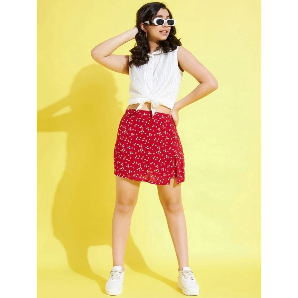 Girl's Polyester Lurex Printed Sleeveless Skorts Set - White-Red