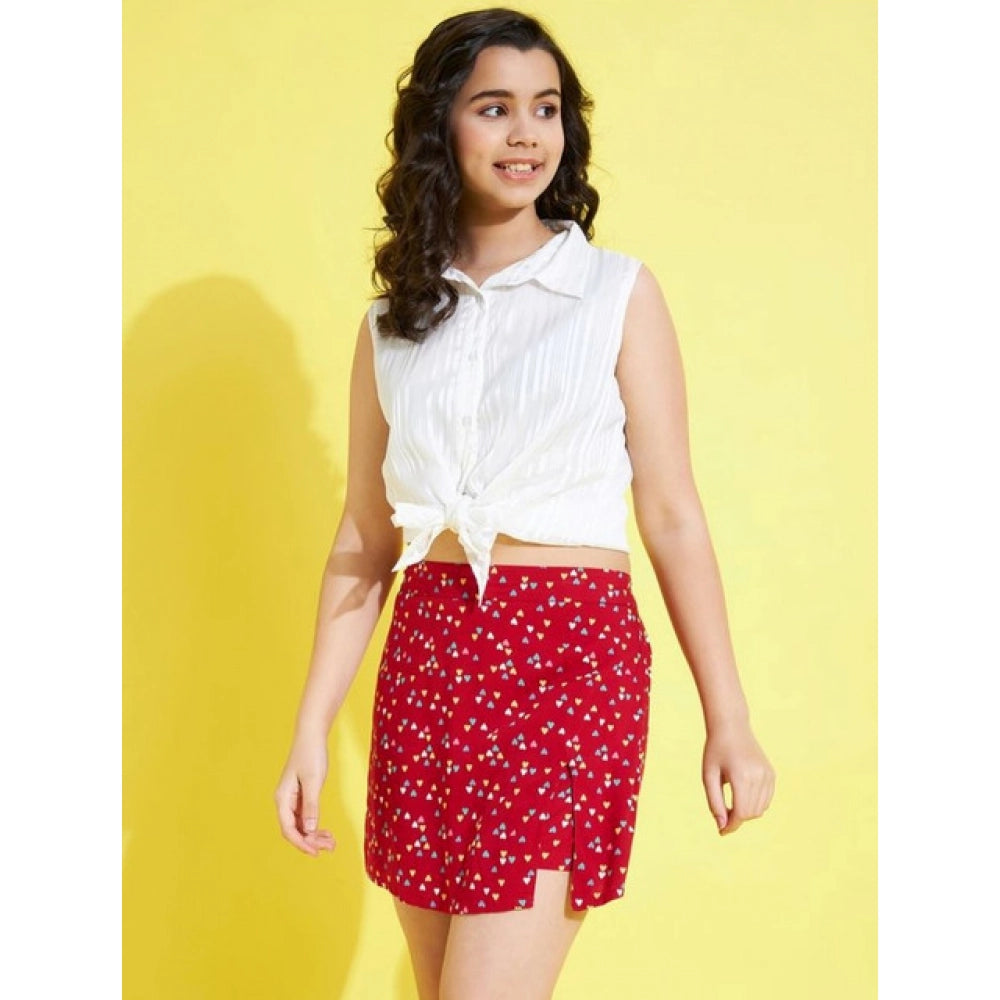 Girl's Polyester Lurex Printed Sleeveless Skorts Set - White-Red