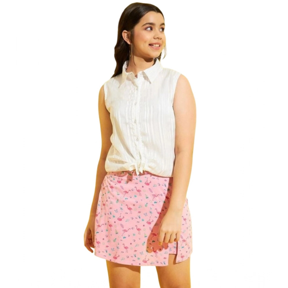 Girl's Polyester Lurex Printed Sleeveless Top Set - Pink-White