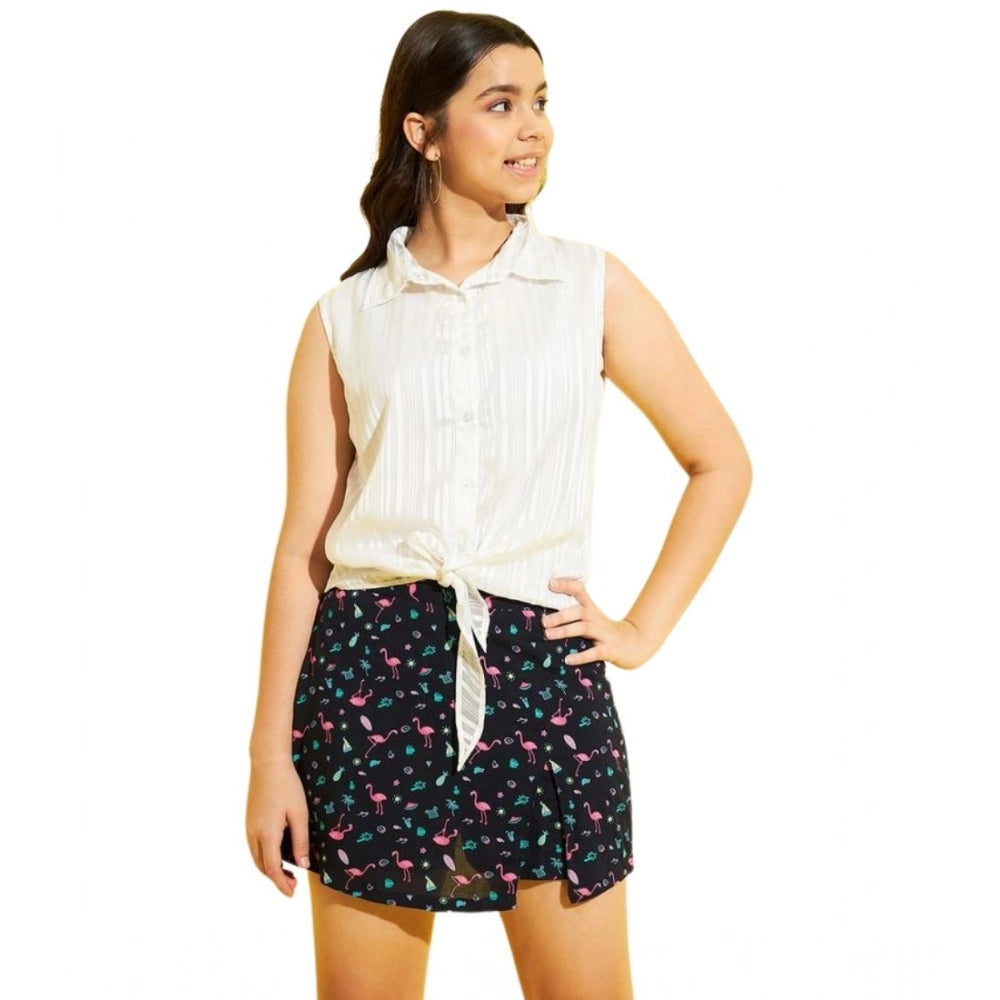 Girl's Polyester Lurex Printed Sleeveless Top Set - White-Navy