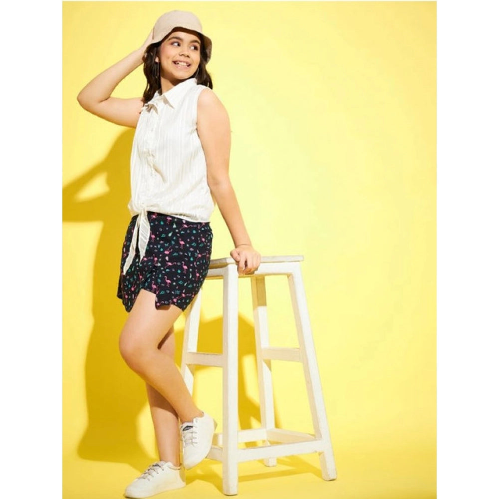 Girl's Polyester Lurex Printed Sleeveless Top Set - White-Navy
