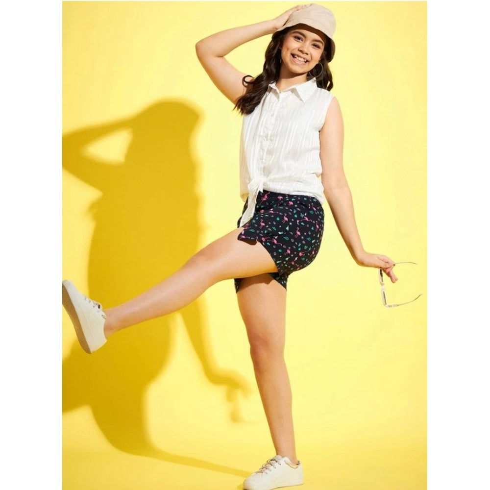 Girl's Polyester Lurex Printed Sleeveless Top Set - White-Navy