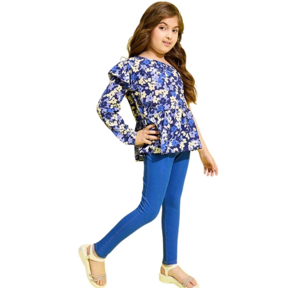 Girl's Polyester Floral One Shoulder Jeggings Set - Blue